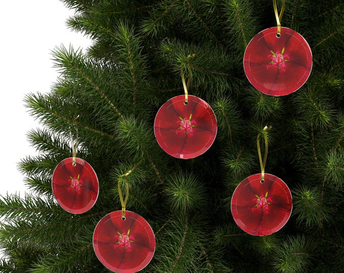 Red Floral Orchid Glass Ornament, Christmas Holiday Decoration