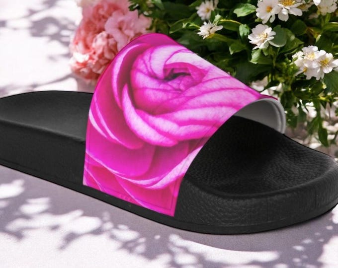 Floral Slide Sandals, Pink Rose Women's Sandals, Flower Lovers Gift, PU Floral Slides, Summer Shoes