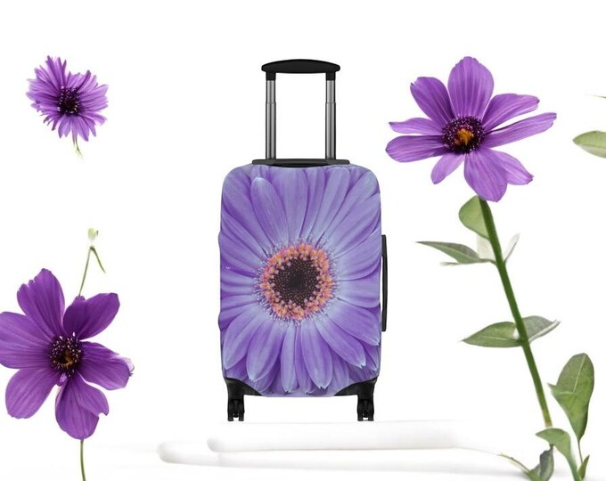 Floral Luggage Cover with Purple Gerber Daisy, Luggage Protector, Martha's Vineyard - Travel Accessory, Suitcase Cover, Vacation Essential