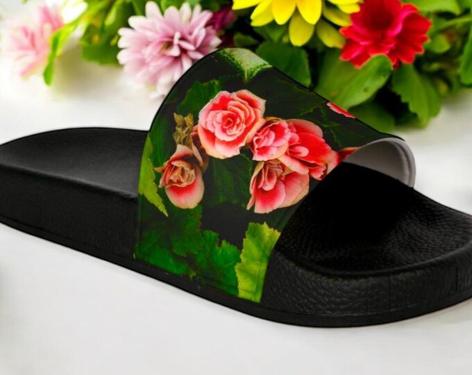 Floral Slide Sandals, Rose Garden Women's Slide Sandals, Black Sole, Summer Footwear, Beach Shoes, Floral Print Slides, Gift for Her