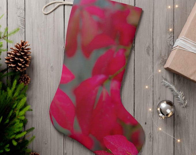 Red Floral Christmas Stocking, Faux Suede Holiday Decor