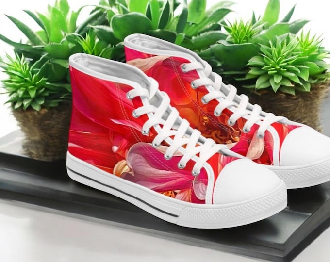 Red Floral Women's High Top Sneakers, Women's Athletic Shoe, Casual Floral Sneakers, Fashionable High Tops, Stylish Women's Sneakers, Floral