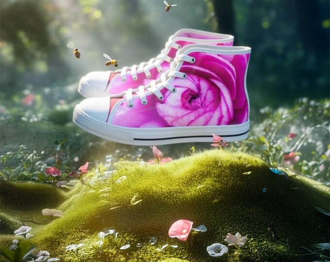 Rose Pink Floral Women's High Top Canvas Sneakers AOP