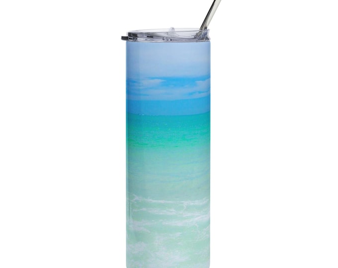 Ocean Blue Stainless Steel Tumbler 20oz, Insulated Travel Mug, Coastal Drinkware, Beach Lover Gift, Ocean-Inspired Yoga Tumbler