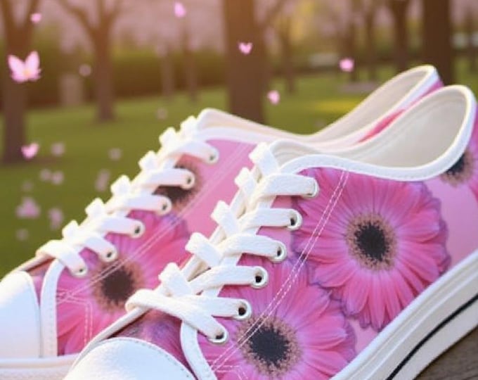 Floral Pink Women's Sneakers, Gerber Daisy Low Rise Athletic Shoes, Pink Low Top Trainers, Flower Pattern Tennis Shoes, Pink Floral Running