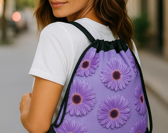 Floral Drawstring Bag, Purple Floral Backpack, Lightweight Travel & Camping Accessory, Spring Flower Print Bag, Gift for Her