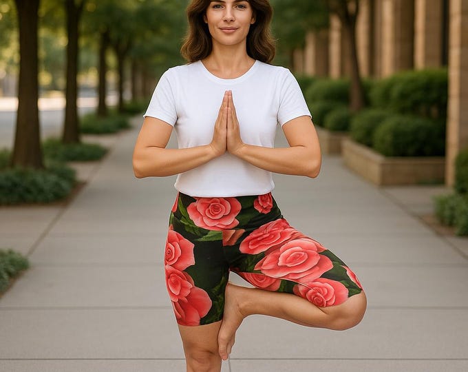 Red Floral Yoga Shorts Pants, High Waisted Women's Exercise Shorts for Fitness, Workout Shorts, Athletic Shorts, Gym Shorts, Yoga Wear