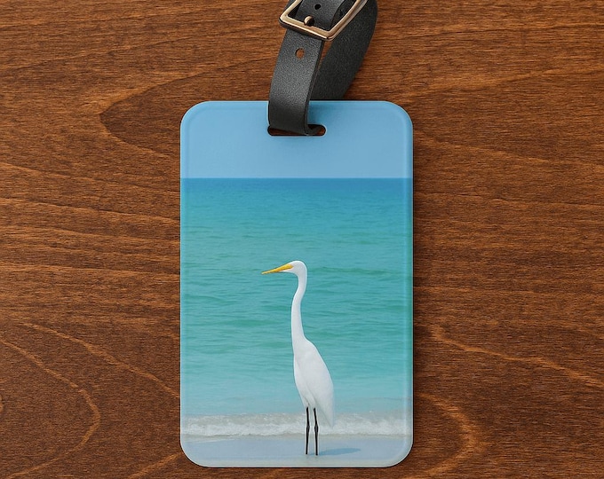 Personalized Luggage Tag, Custom White Great Egret Nature InspiredLuggage Tag,  Travel Accessories Gift for Her