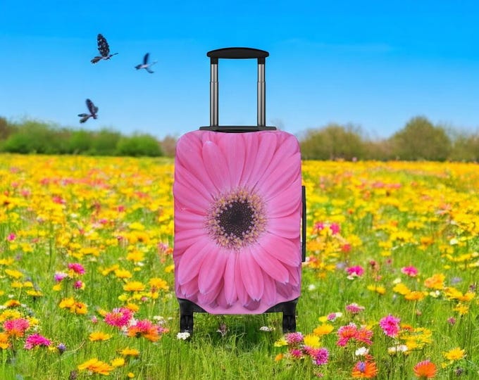 Pink Gerber Daisy Luggage Cover,Travel Accessory, Unique Floral Design, Perfect for Gifts, Summer Trips, Travel Lovers| Martha's Vineyard