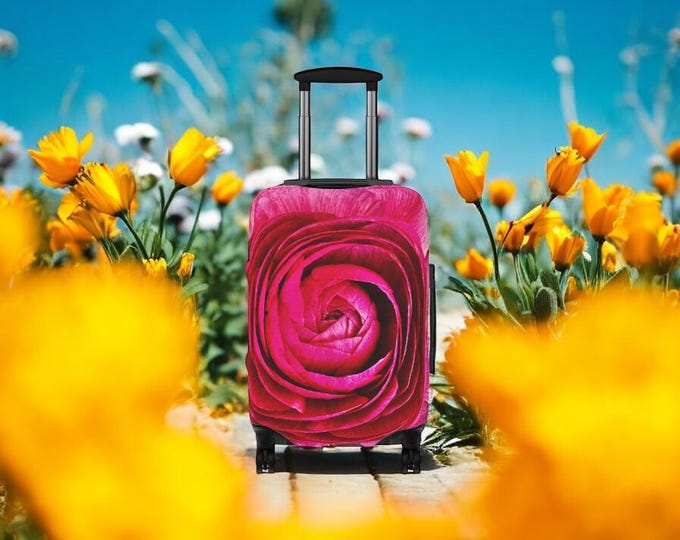Floral Luggage Cover, Vibrant Pink Floral Travel Accessory, Perfect for Vacations, Honeymoons, Pink Ranunculus Luggage, Gift for Her