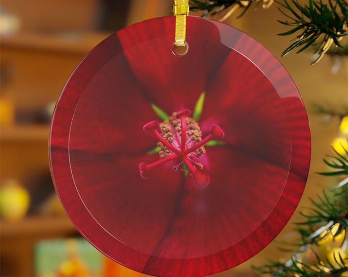 Red Floral Orchid Glass Ornament, Christmas Holiday Decoration