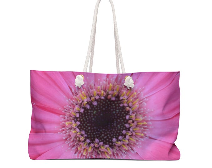 Floral Weekender Shoulder Bags, Travel Tote Bag for Women, Custom Beach Bag, Pink Gerber Daisy Bag, Gift for Her