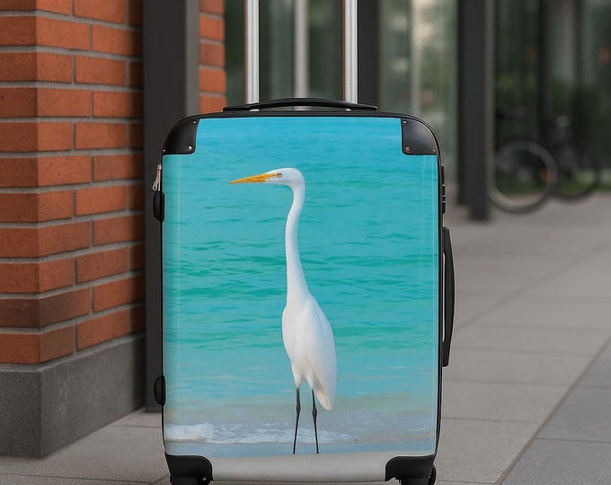 Tropical Bird Travel Suitcase, Elegant Travel Luggage, Vacation Essentials, 360-degree swivel wheels, Getaway Gear, Great White Egret