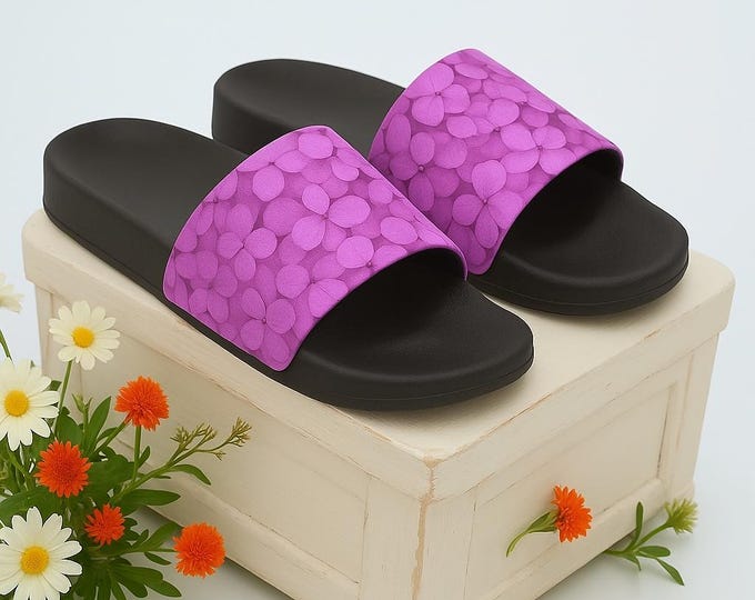 Floral Slide Sandals, Pink Hydrangea Floral Pink PU Sandals, Flower Lovers, Spring, Women's Footwear, Beach Slides Sandals, Gift for Her