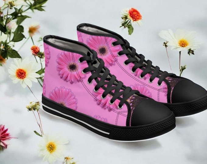 Pink Gerber Daisy Women's High Top Sneakers, Pink Floral Spring Shoes, Cute Floral Sneakers, Gift for Her, Casual Fashion Footwear