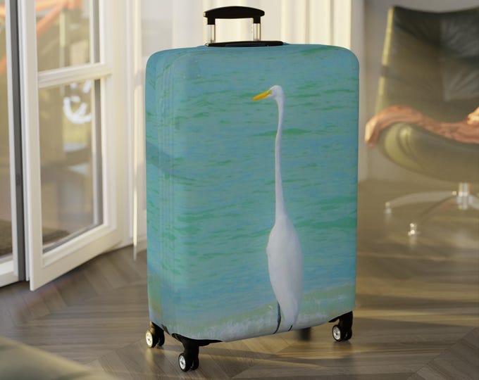 Egret Luggage Cover: Beach Bird Travel Suitcase Protector