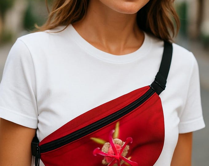 Red Orchid Crossbody Bag, Floral Crossbody Bag, Travel Bag, Travel Accessor, Bum Bag, Red Yoga Bag,