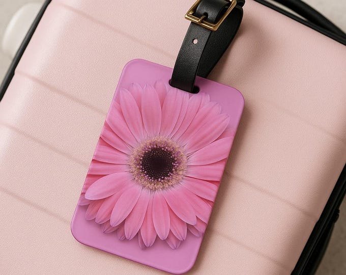 Pink Gerber Daisy Luggage Tag, Personalized Luggage Tag, Floral Travel Accessory