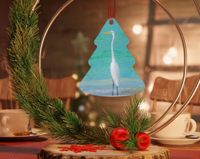 Egret Christmas Ornament, Coastal Bird Tree Decoration
