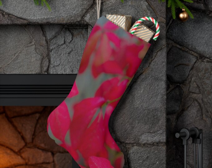 Red Floral Christmas Stocking, Faux Suede Holiday Decor