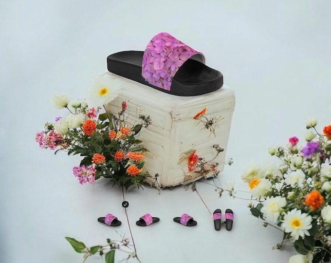 Pink Hydrangea Slide Sandals, Floral Pink PU Sandals, Flower Lovers, Spring, Women's Footwear, Beach Slides, Summer Shoes, Garden Party