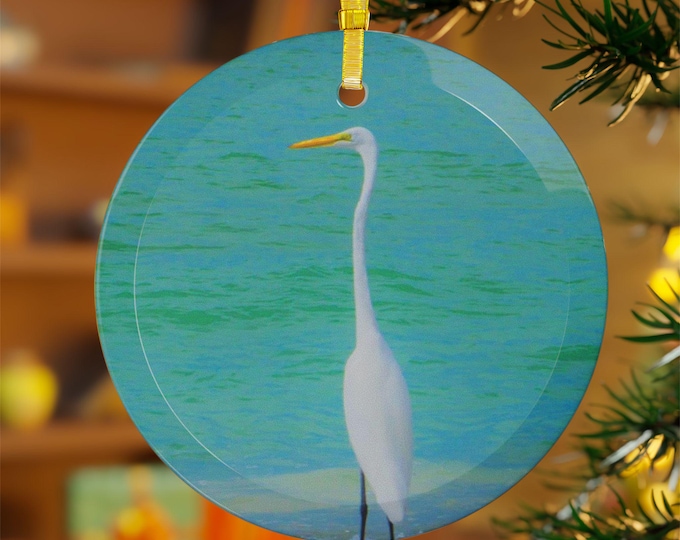 Coastal Glass Ornament, Great White Egret Holiday Decor, Christmas Tree Ornament, Beach House Gift, Nautical Coastal Decor, Ocean Themed