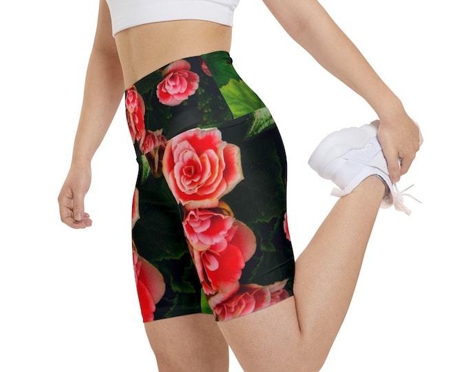 Red Floral Yoga Shorts Pants, High Waisted Women's Exercise Shorts for Fitness, Workout Shorts, Athletic Shorts, Gym Shorts, Yoga Wear