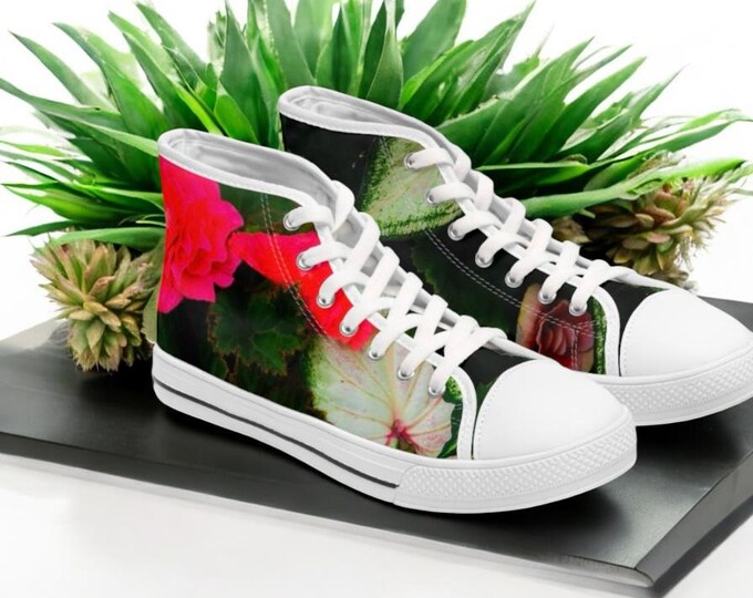 Red Rose Floral High Top Sneakers - Botanical Canvas Trainers