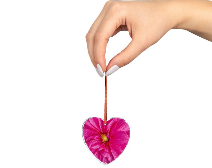 Heart-Shaped Crystal Ornament, Pink Flower Design