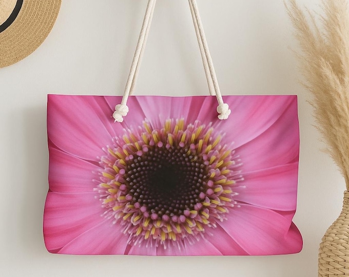 Floral Weekender Shoulder Bags, Travel Tote Bag for Women, Custom Beach Bag, Pink Gerber Daisy Bag, Gift for Her