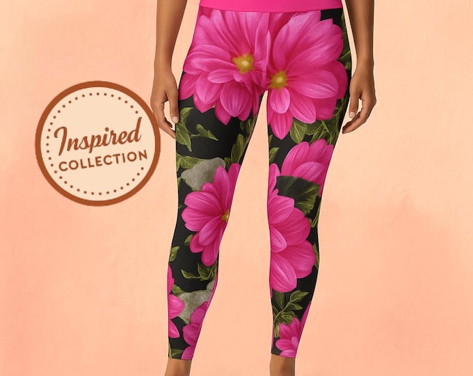 High Waisted Floral Yoga Pants Leggings, Pint Floral Tight Yoga Pants, Workout Leggings, Thick & Stretchy Leggings, Gift for Her