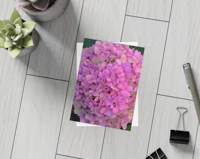Blush Globe Greeting Card Bundles (envelopes included) Pink Hydrangea Greeting, Personalized Unfolded Greeting Cards, Blank Inside