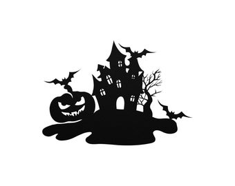 Haunted House With Jack O'Lantern And Bat Metal Wall Art