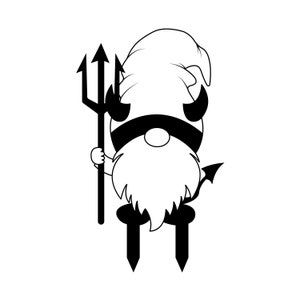May include: Black and white illustration of a devil gnome holding a trident. The gnome has a pointed hat, horns, and a beard.