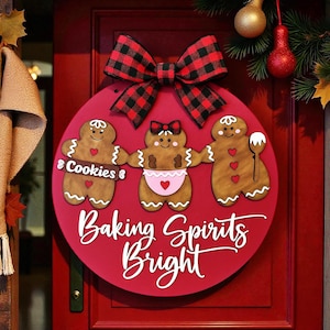 Baking Spirits Bright Gingerbread Door Hanger Kit | Christmas Baking Round Sign | Holiday Kitchen Decor | DIY Wood Craft