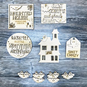 Halloween Tiered Tray Kit | Haunted House, Ghosts & Bats | DIY Spooky Wood Sign Set | Funny Batty Decor Craft Kit | Diy Wood Craft Kit