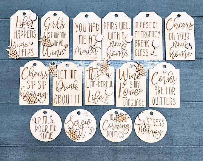 Wine Bottle Tags DIY Kit | Wood Gift Tags for Wine Bottles | Hanging Bottle Hanger Tags | Paintable Hostess Decor | Wine Craft Cutouts
