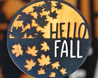Hello Fall Sign Kit | DIY Round Wood Door Hanger | Multi-Layered Autumn Leaves Design | Paintable Fall Craft Kit
