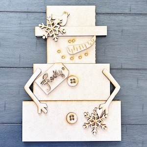 Frosty Snowman Block DIY Shelf Sitter Kit | Rustic Winter Wood Craft | Holiday Snowman Decoration | Unfinished Layered Sign | Paintable Sign