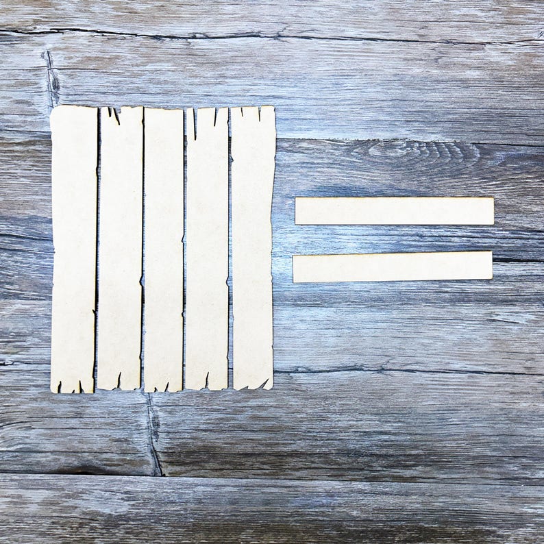 May include: A set of five wooden slats with a rough, unfinished texture, arranged vertically. Two smaller wooden slats are placed horizontally below the vertical slats, creating an equals sign.