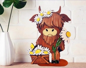 Highland Cow - Summer Shelf Sitter - Daisy Basket - Wood Cutout - DIY Craft Kit