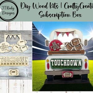 May include: A DIY wood kit featuring a white truck carrying footballs and a red helmet with the text "GO FIGHT WIN." Additional wooden cutouts include footballs, a banner, and a "TOUCHDOWN" sign. The kit is designed for crafting.