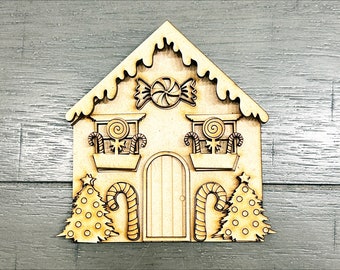 Christmas Candy House Shelf Sitter Kit | DIY Holiday Wood Cutout | Snowy Peppermint House Tier Tray Decor | Farmhouse Xmas Sign | Mantel Kit