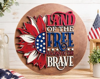 Land Of The Free Door Hanger Kit | Patriotic Sunflower Sign | 4th of July Decor | DIY Wood Round Sign | Farmhouse Americana Porch Decor