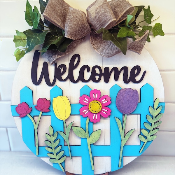 Welcome Spring - Fence & Flowers - Door Hanger - Round - Laser Wood Cutout - DIY Craft Kit
