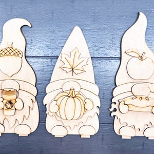 Three Gnome Fall Shelf Sitter Kit | Apple Pie, Pumpkin & Latte Gnomes on Base | DIY Rustic Farmhouse Autumn Decor | Paintable Wood Figures