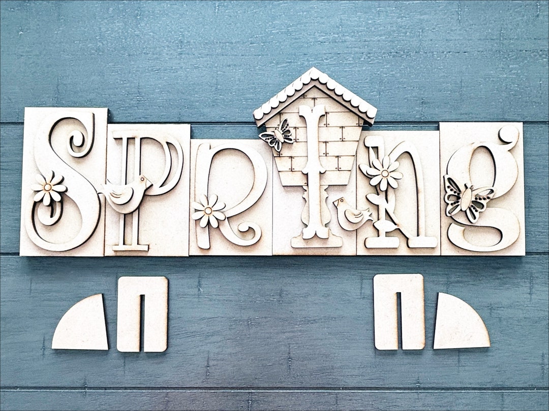 Spring Word Block Kit | Birdhouse & Flowers DIY Shelf Sign | Unfinished ...