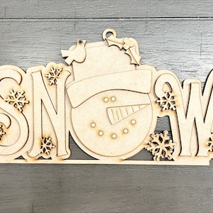 Snowman &quot;SNOW&quot; Sign – DIY Shelf Sitter or Hanging Ornament | Winter Word Block with Snowman Face | Unfinished Wood Craft Kit