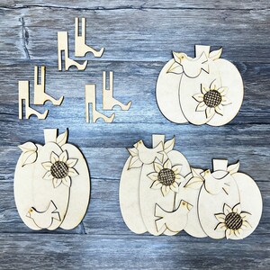 Pumpkin Trio with Sunflower & Crow Accents Kit | DIY Fall Shelf Sitters Tier Tray | 3D Wood Pumpkins Harvest Decor | DIY Wood Craft Kit