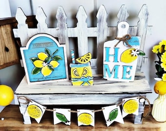 Summer Lemon Tier Tray Bench Add-On | Farm Fresh Lemonade HOME Sign Set & Garland | DIY Citrus Decor for Shelf, Table, Mantle | DIY Wood Kit